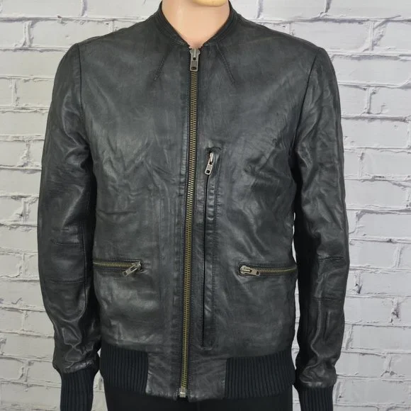 Mens All Saints Leather Bomber Jacket Motorcycle cafe racer Jacket size 43